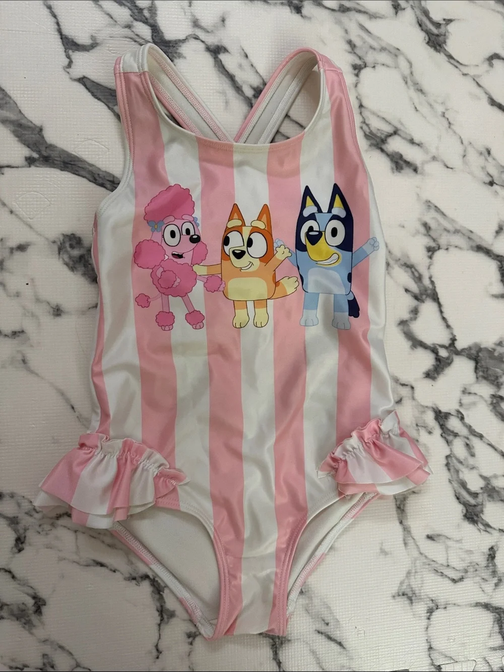 Adorable H&M Pink and White Striped Bluey Characters One-Piece Swimsuit